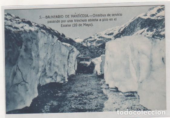 Postkarten: 5 Balneario de Panticosa. Omnibus de servicio pasando por una trinchera abierta a pico e el Escalar.
