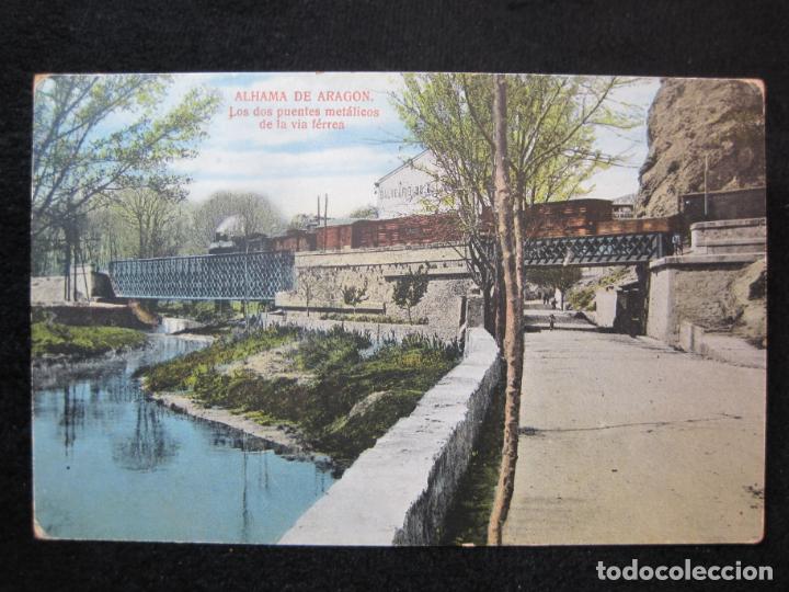 Postales: ALHAMA DE ARAGON-LOS DOS PUENTES METALICOS DE LA VIA FERREA-FERROCARRIL-POSTAL ANTIGUA-(80.548)