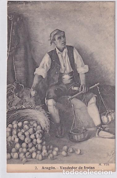 Postales: 2 Arag&oacute;n. Vendedor de fruta. Fot Lacoste. Sin circular. Reverso dividido.