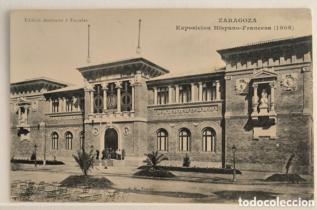Postales: Postal de Zaragoza Exposici&oacute;n Hispano-Francesa 1908.Edificio destinado a Escuelas - Foto 1