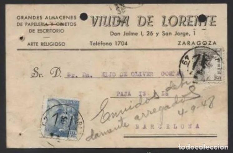 Postales: Zaragoza. *Viuda de Lorente* Fechada 1948. - Foto 1