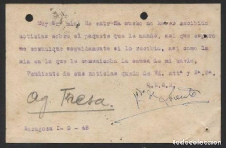 Postales: Zaragoza. *Viuda de Lorente* Fechada 1948. - Foto 2