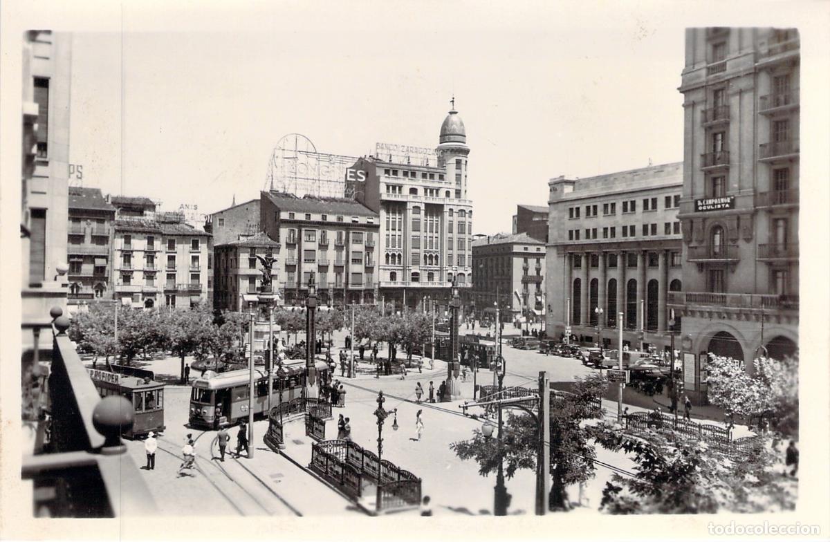 Postales: Postal de la Plaza de Espa&ntilde;a en Zaragoza con Tranv&iacute;as