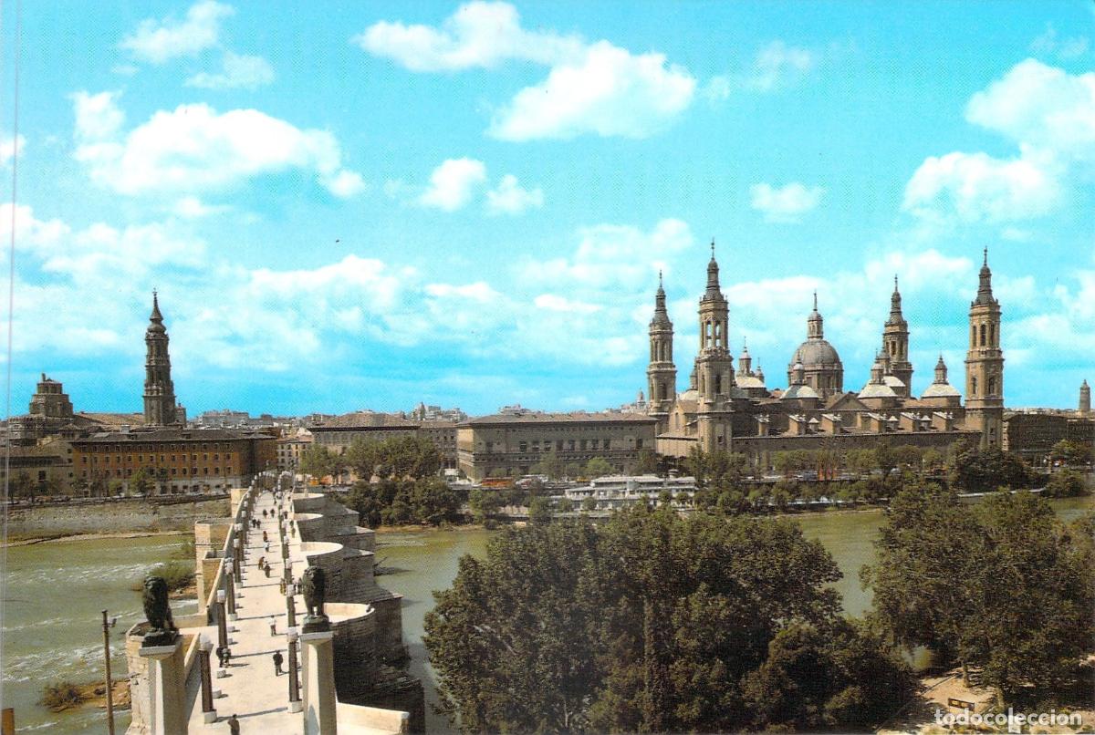 Postales: Postal de Zaragoza: Puente de Piedra y Bas&iacute;lica del Pilar sobre el R&iacute;o Ebro