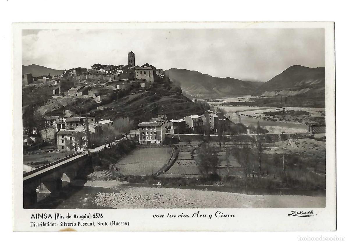 Postales: AINSA (PIR. DE ARAGON)- 5576, CON LOS RIOS ARA Y CINCA. ZERKOWITZ. CIRCULADA. 1953