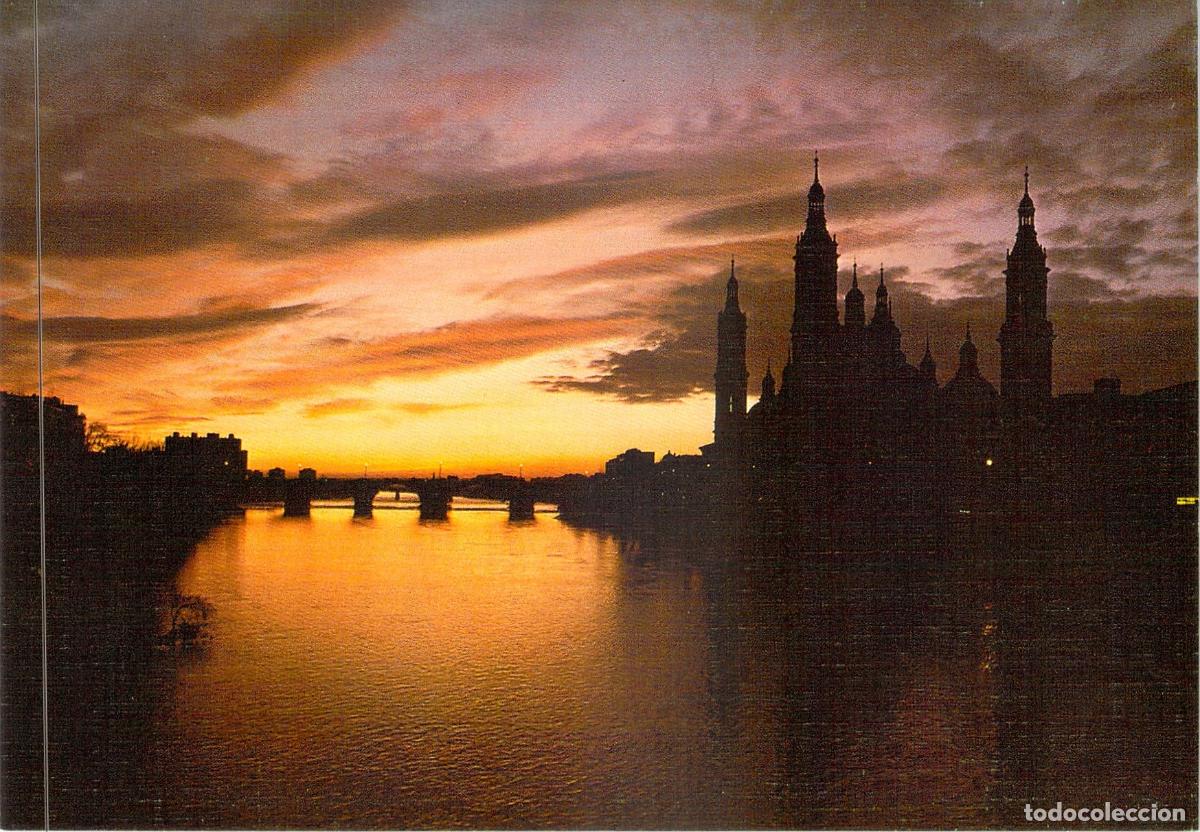 Postales: Postal de Zaragoza Atardecer en el R&iacute;o Ebro y Bas&iacute;lica del Pilar