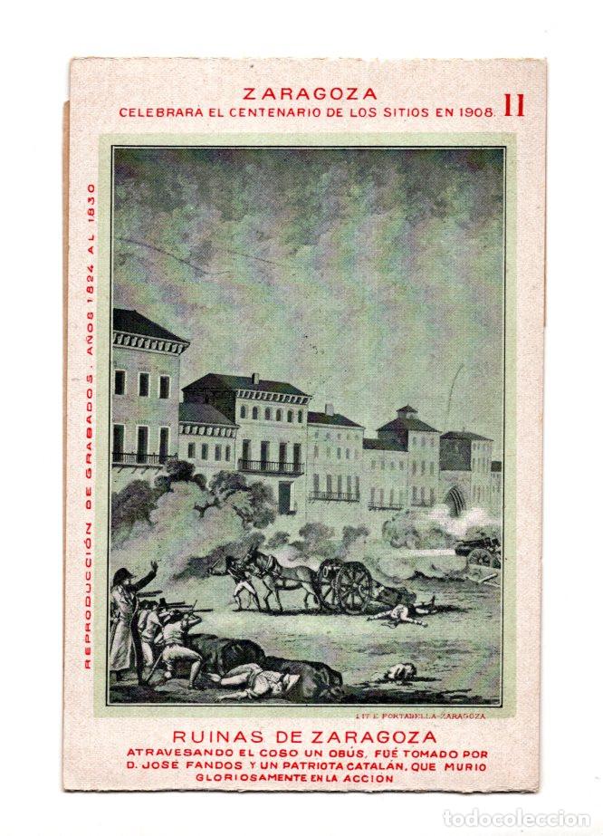 Postales: ZARAGOZA.- CENTENARIO DE LOS SITIOS 1908, RUINAS DE ZARAGOZA, ATRAVESANDO EL COSO UN OBUS.