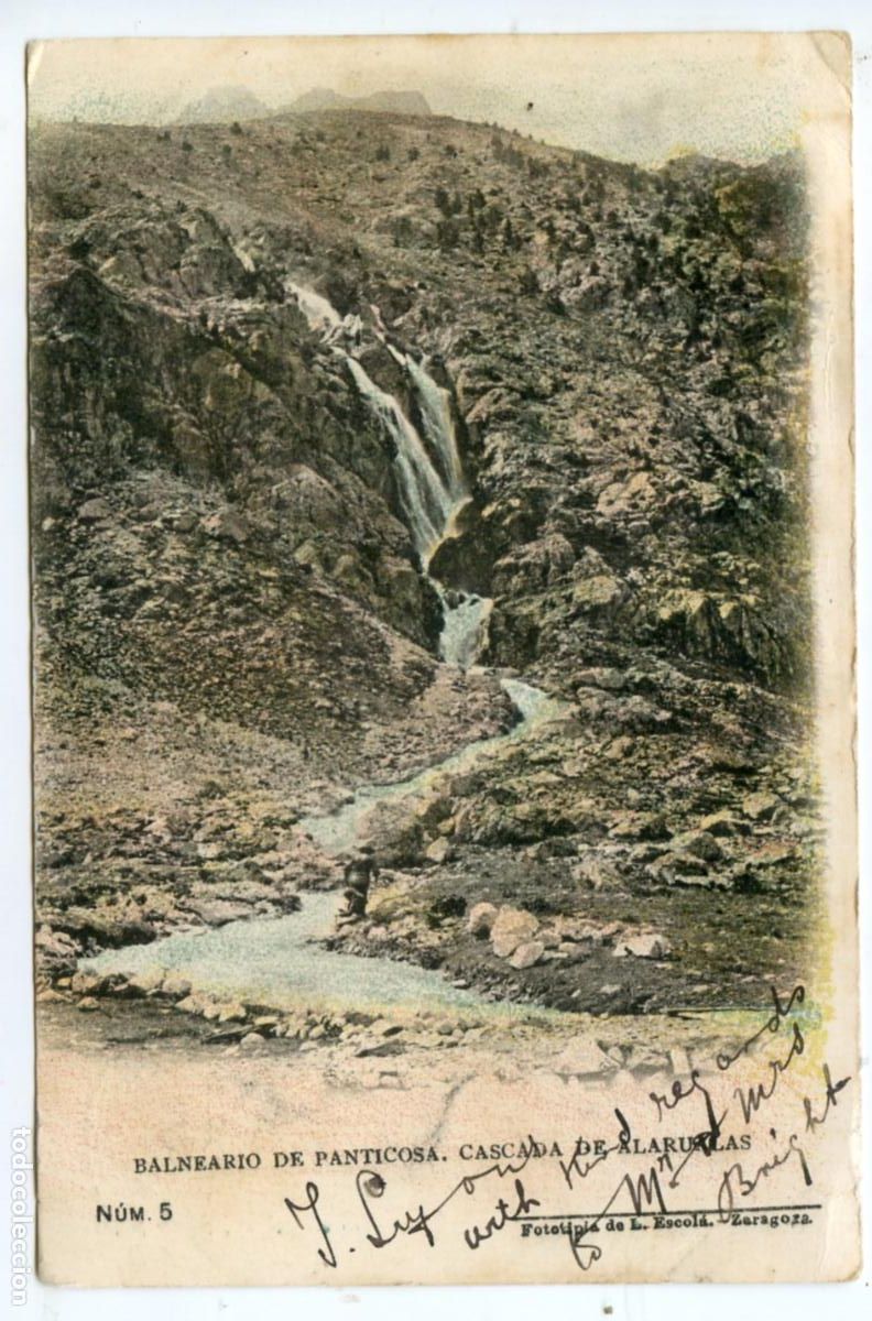 Postales: Balneario de Panticosa. Cascada de Alarualas N&uacute;m 5. Fototipia L. Escol&aacute;, circulada en 1906 Huesca