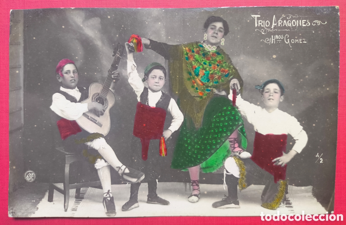 Postales: TRIO ARAGON&Eacute;S FOLKLORE POSTAL FOTOGR&Aacute;FICA ILUMINADA HNOS. G&Oacute;MEZ ARAGON C. 1915