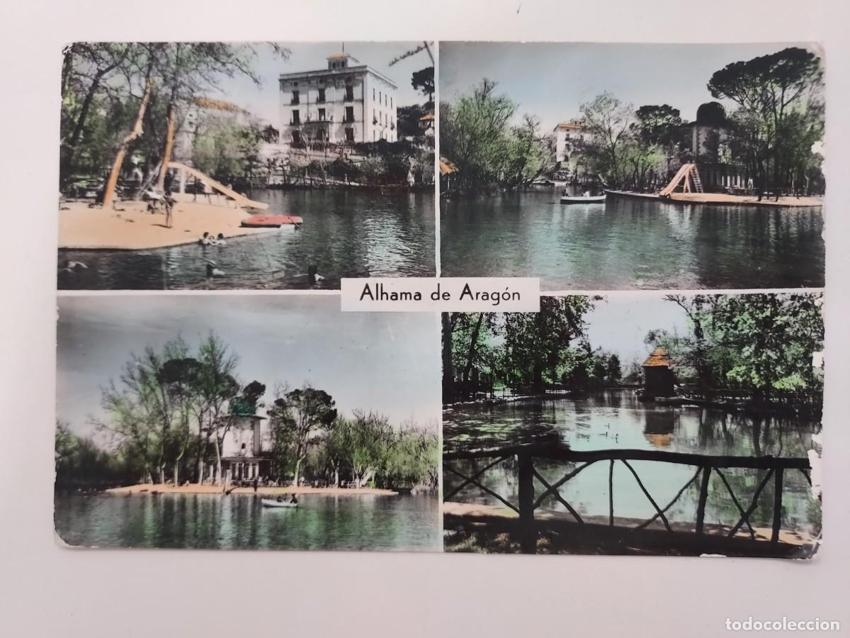 Postales: POSTAL ALHAMA DE ARAGON VISTAS LAGO PLAYA PALOMAR CASITA CORCHO. COLOREADA. CIRCULADA. ZARAGOZA