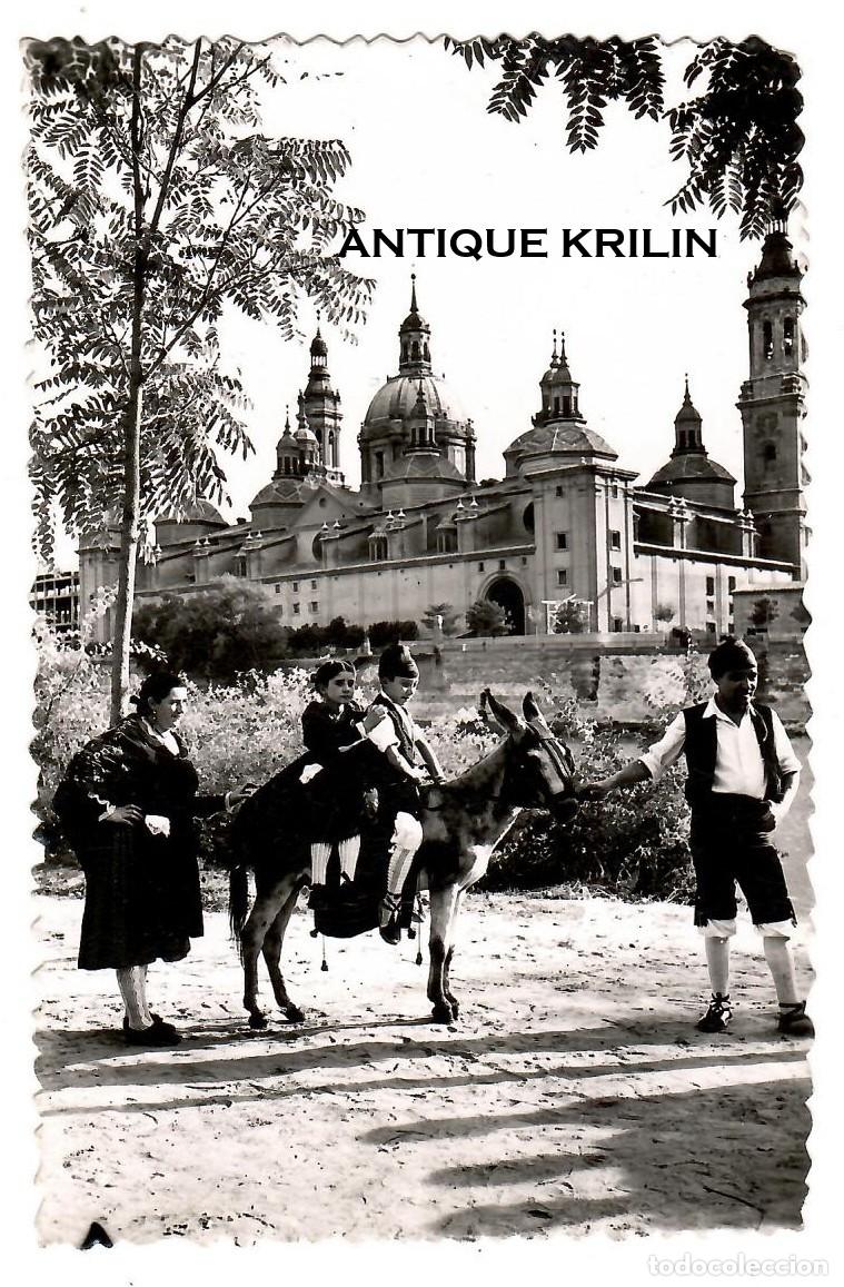 Postales: ZARAGOZA N&ordm; 156 A ORILLAS DEL EBRO Y PILAR GRUPO FOLKLORICO ESTESO / SICILIA / FRANQUEADA