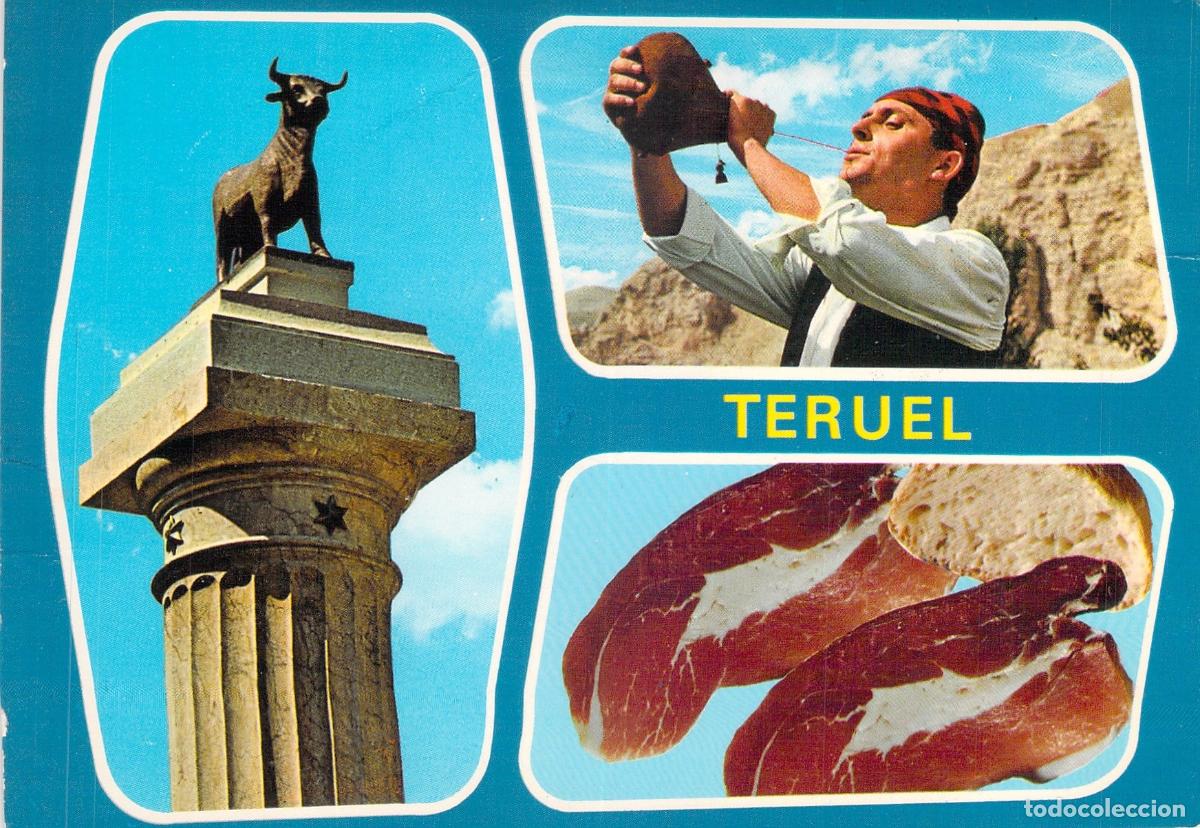 Postales: Postal de Teruel con monumentos, bota de vino y jam&oacute;n t&iacute;pico