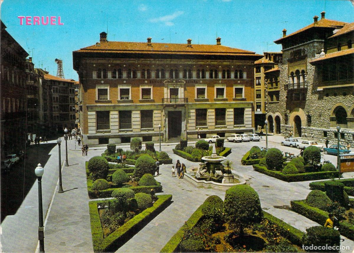 Postales: Postal de la Plaza General Varela y el Banco de Espa&ntilde;a en Teruel