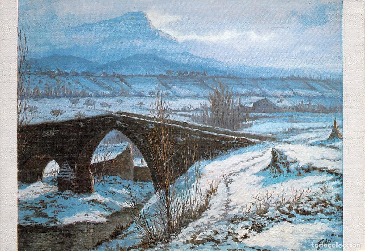 Postales: Postal de Jaca con el Puente de San Miguel y Pe&ntilde;a Oroel en invierno