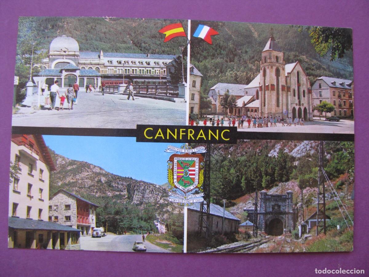 Postales: POSTAL DE CANFRANC. VISTAS PARCIALES Y ENTRADA A LA ESTACION INTERNACIONAL. CIRCULADA