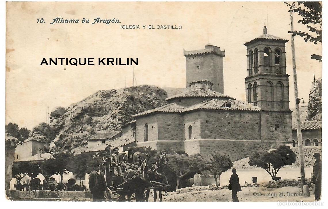 Postales: ALHAMA DE ARAGON N&ordm; 10 IGLESIA Y CASTILLO / COLECCION M. BOROBIO / FRANQUEADA