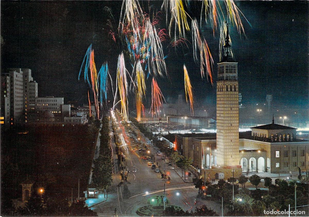 Postales: Postal de Zaragoza Avenida de Isabel La Cat&oacute;lica nocturna con fuegos artificiales