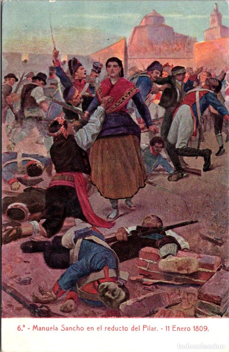 Postales: Los Sitios de Zaragoza - n&ordm; 6 - Manuela Sancho en el reducto del Pilar-11 Enero 1809-Thomas-139x90mm