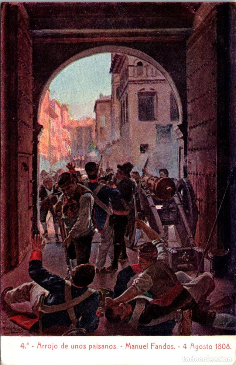 Postales: Los Sitios de Zaragoza - n&ordm; 4 - Arrojo de unos paisanos-Manuel Fandos -4 Agosto 1808-Thomas-139x90mm