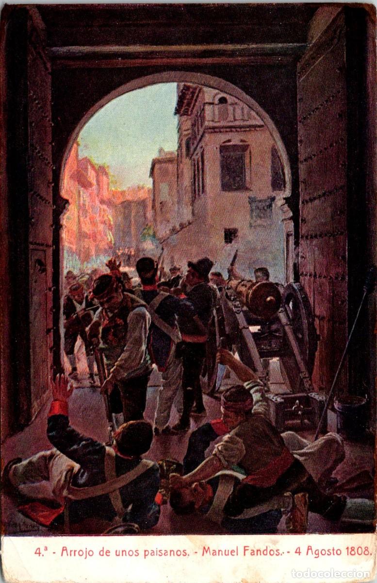 Postales: Los Sitios de Zaragoza - n&ordm; 4 - Arrojo de unos paisanos-Manuel Fandos -4 Agosto 1808-Thomas-139x90mm