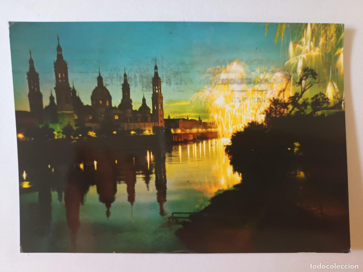 Postales: ZARAGOZA. NOCTURNA. BASILICA DEL PILAR Y RIO EBRO (1962) - FRANQUEO