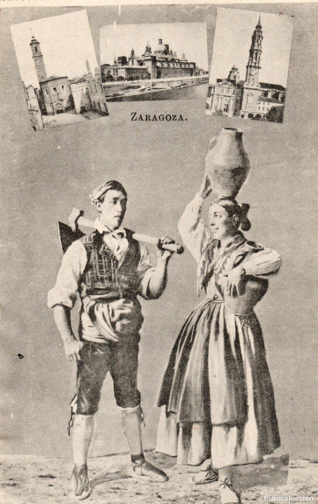 Postkarten: BONITA POSTAL - ZARAGOZA - PAREJA DE CAMPESINOS - SOBRE ELLOS VARIAS VISTAS - FOTOTIPIA J.ROIG
