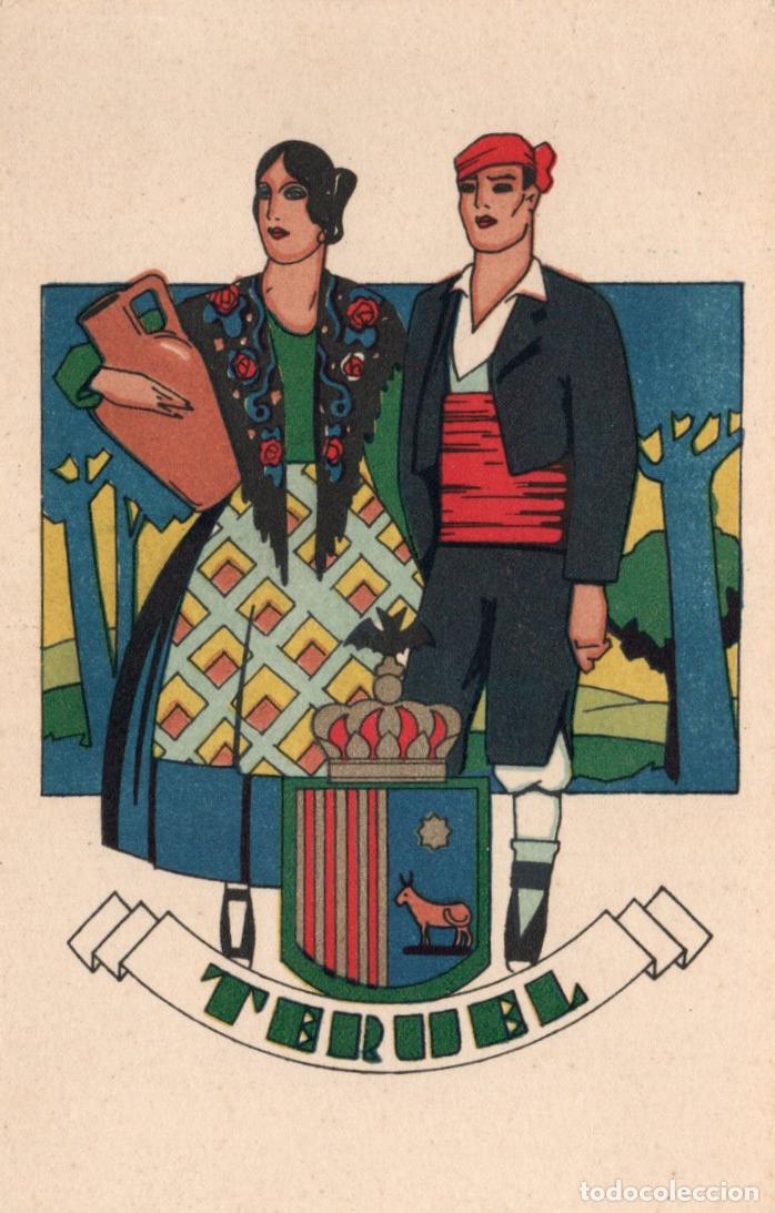 Postales: BONITA POSTAL - TERUEL - PAREJA ATAVIADOS CON TRAJE TIPICO Y ESCUDO - PUBLICACIONES CIAGARA