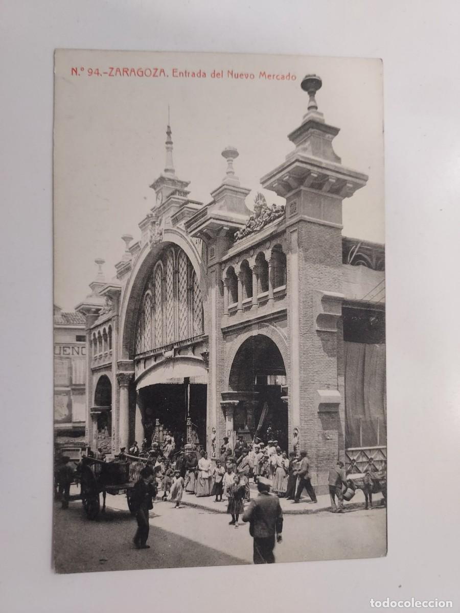Postales: POSTAL ZARAGOZA ENTRADA AL NUEVO MERCADO. S/C. FOTOTIPIA THOMAS 94. Animada
