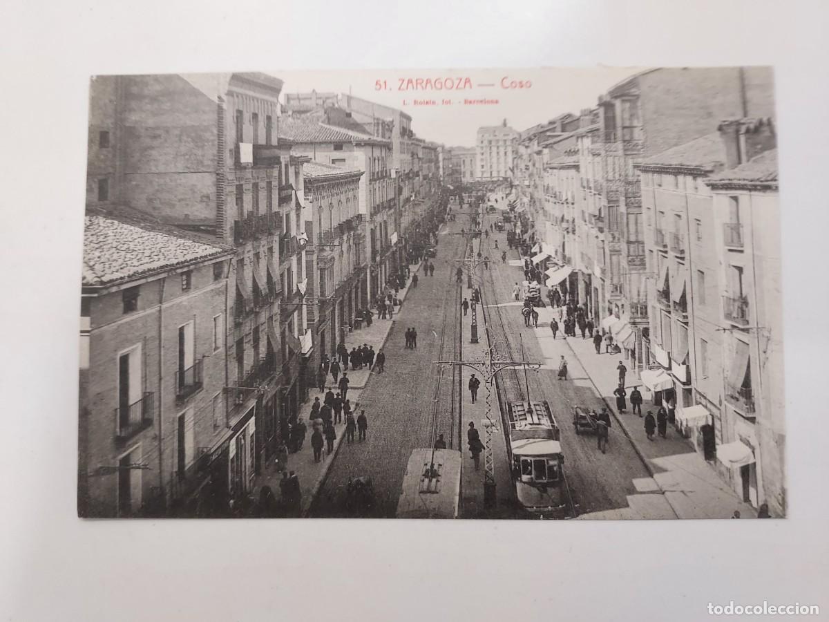 Postales: POSTAL ZARAGOZA COSO. S/C. ROISIN 51. Tranv&iacute;as, carro, animada