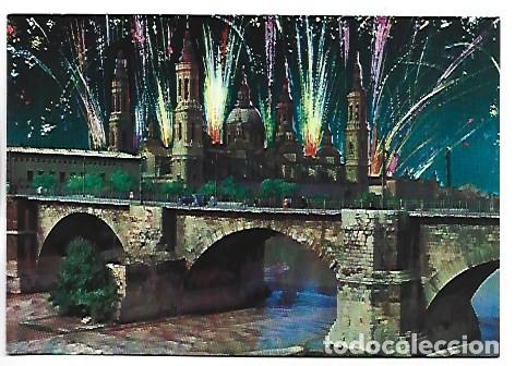 Postales: BASILICA DEL PILAR Y RIO EBRO, (CASTILLO DE FUEGOS ARTIFICIALES).- ZARAGOZA