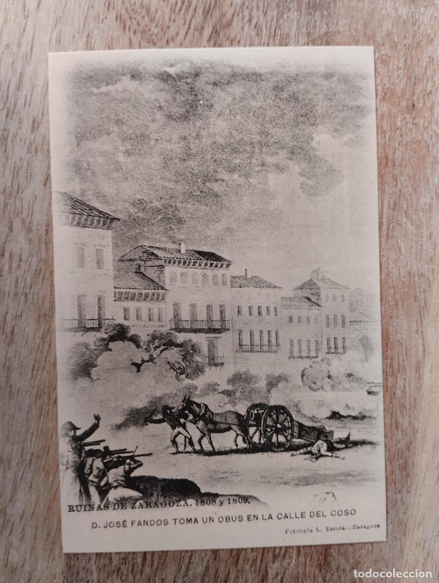 Postales: RUINAS DE ZARAGOZA DON JOSE FANDOS TOMA UN OBUS EN LA CALLE DEL COSO, L. ESCOLA