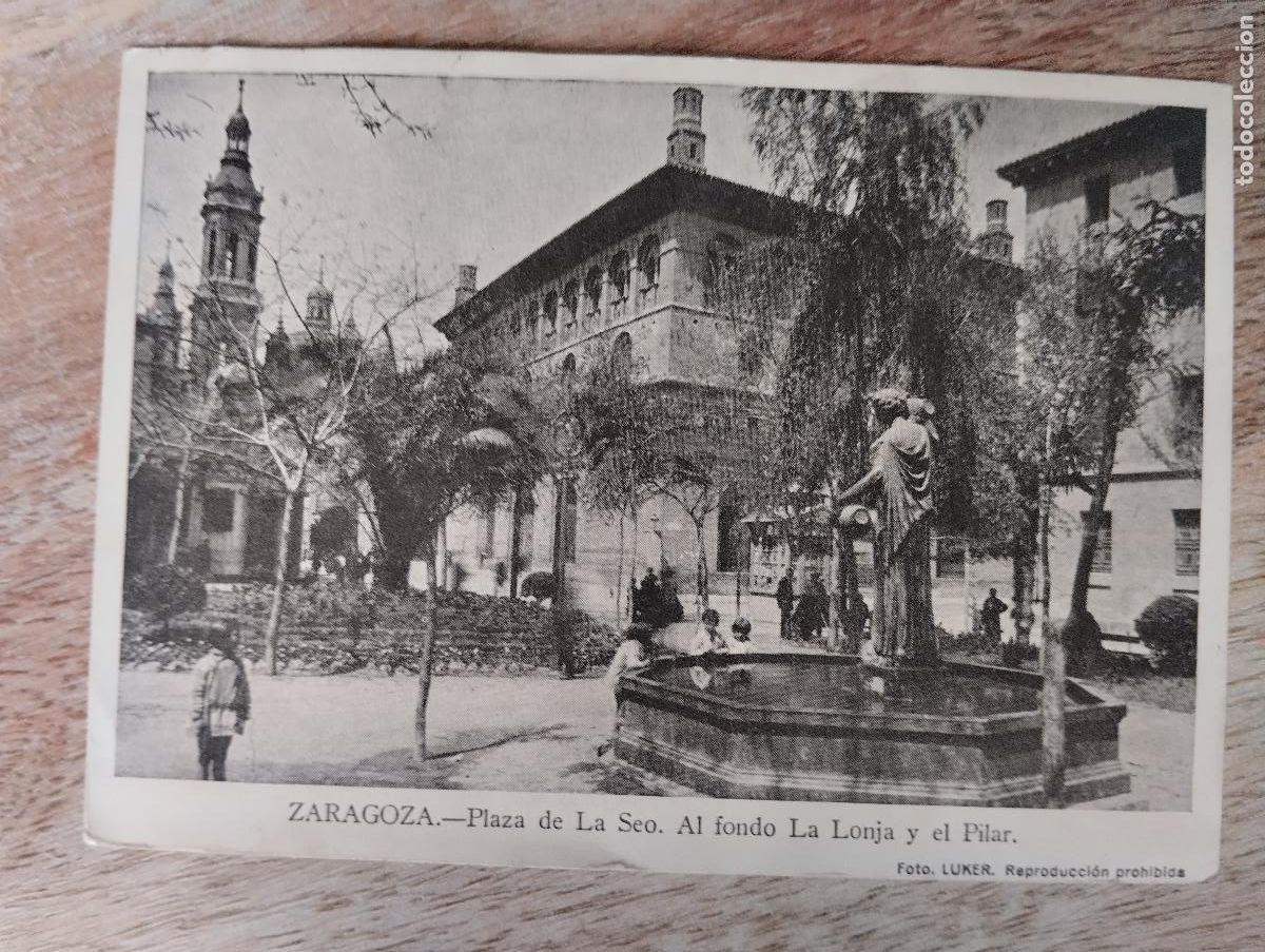 Postales: ZARAGOZA PLAZA LA SEO AL FONDO LONJA Y PILAR, SELLO ULTRAMARINOS CANDIDO PEREZ EN REVERSO