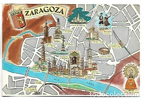 Postales: MAPA DE ZARAGOZA CON LA VIRGEN