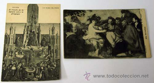 Postales: 2 postales Museo Prado: Los borrachos Vel&aacute;zquez y Retablo Triunfo Iglesia sobre Sinagoga fot Lacoste