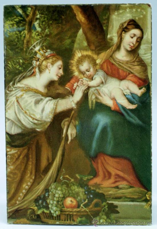 Postales: Postal Los Desposorios M&iacute;sticos Sta Catalina fragmento Mateo Cerezo Museo Prado Ed Barsal a&ntilde;os 40