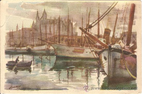 Postales: LLOVERAS, AMANECER EN EL PUERTO DE PALMA - ARCHIVO DE ARTE 49 - CIRCULADA 1949