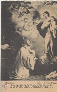 Postales: Murillo.-   La aparici&oacute;n de la Virgen a San Bernardo. M. del Prado. - Foto 1