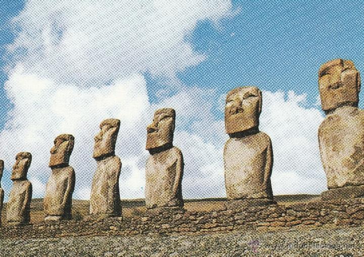 Postales: N&ordm; 19556 L&Aacute;MINA ARTE PRECOLOMBINO LOS SIETES MOHAIS DE LA ISLA DE PASCUA