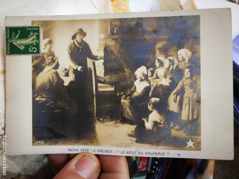 Postkarten: Postal SALON 1910 J. Brunet LE RECIT DU NAUFRAGE escrita y Sellada por Ambas caras