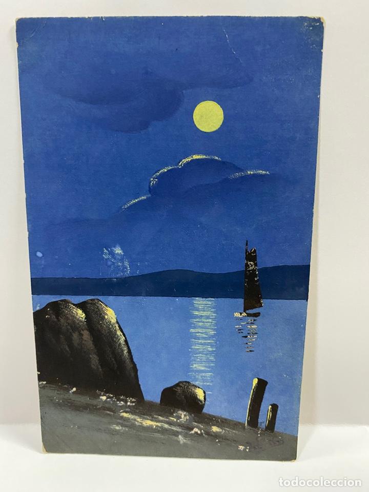 Postais: TARJETA POSTAL PINTADA A MANO. PLAYA DE ROCAS EN LA NOCHE. LUNA LLENA. TORELLI AQUARELL. VER FOTOS