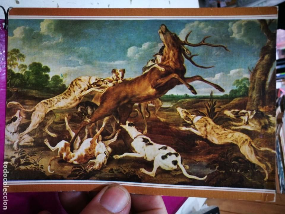 Postales: Postal Paul de Vos 1596 - 1678 Ciervo Acosado por Jaur&iacute;a MUSEO DEL PRADO 1870 N 187 ESCUDO DE ORO S/