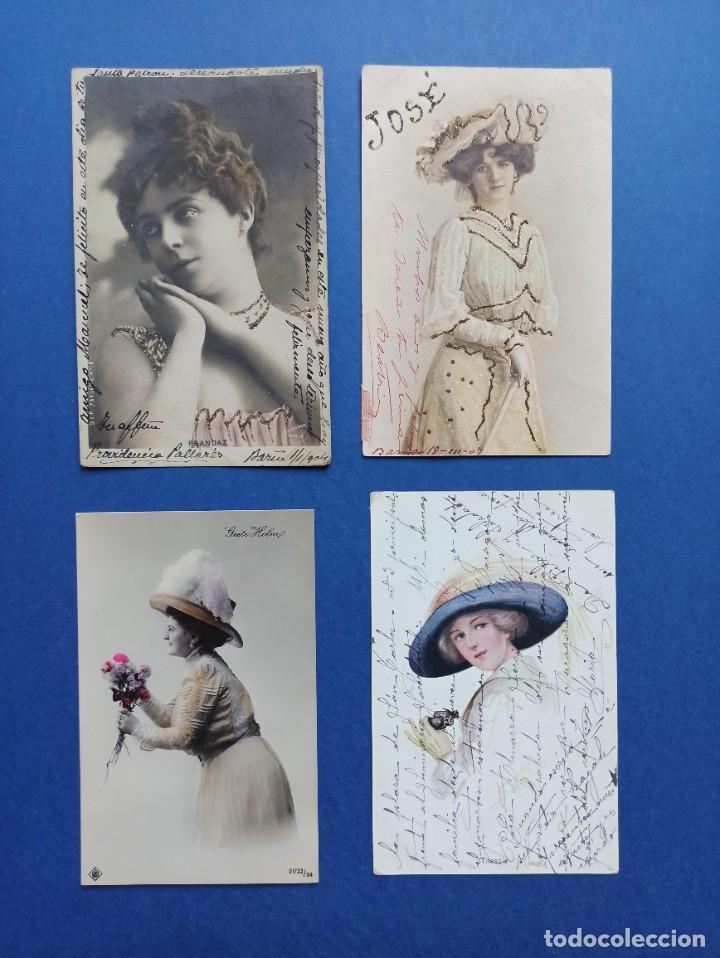 Postales: 4 originales y antiguas postales de felicitaci&oacute;n. Principio S. XX.