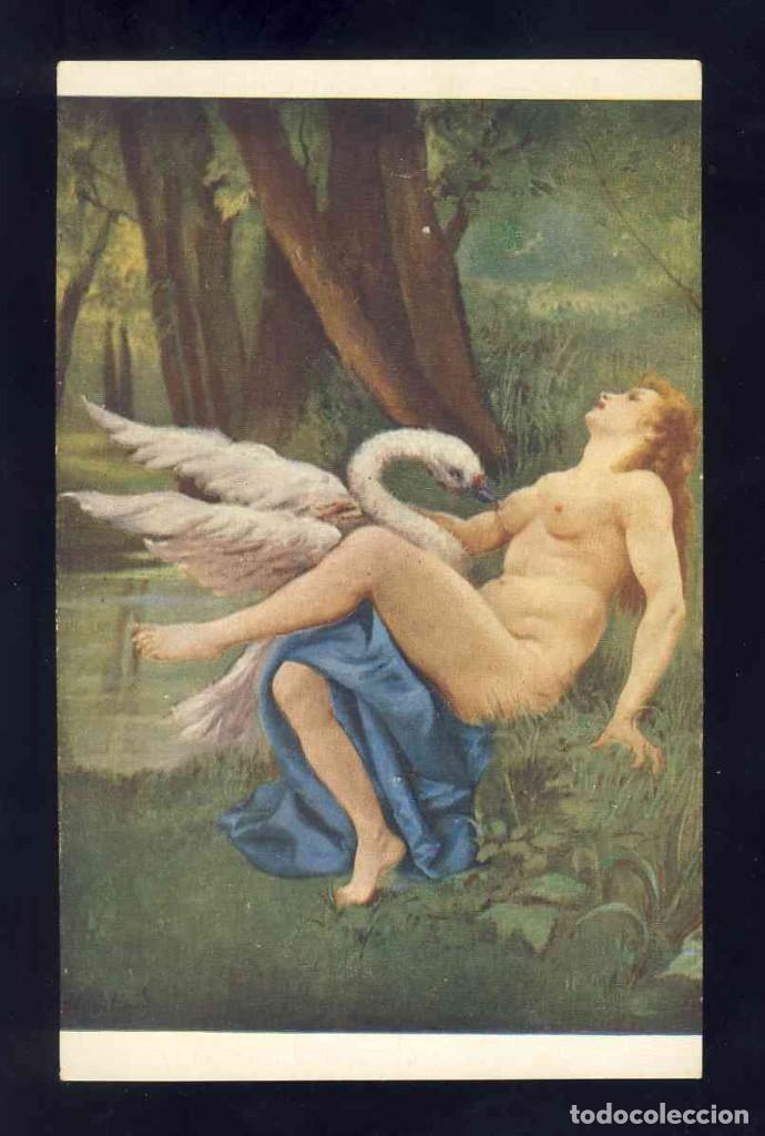 Postales: Postal de arte: Pintura de E.Mouillard. Desnudo, cisne (Salon de Paris)