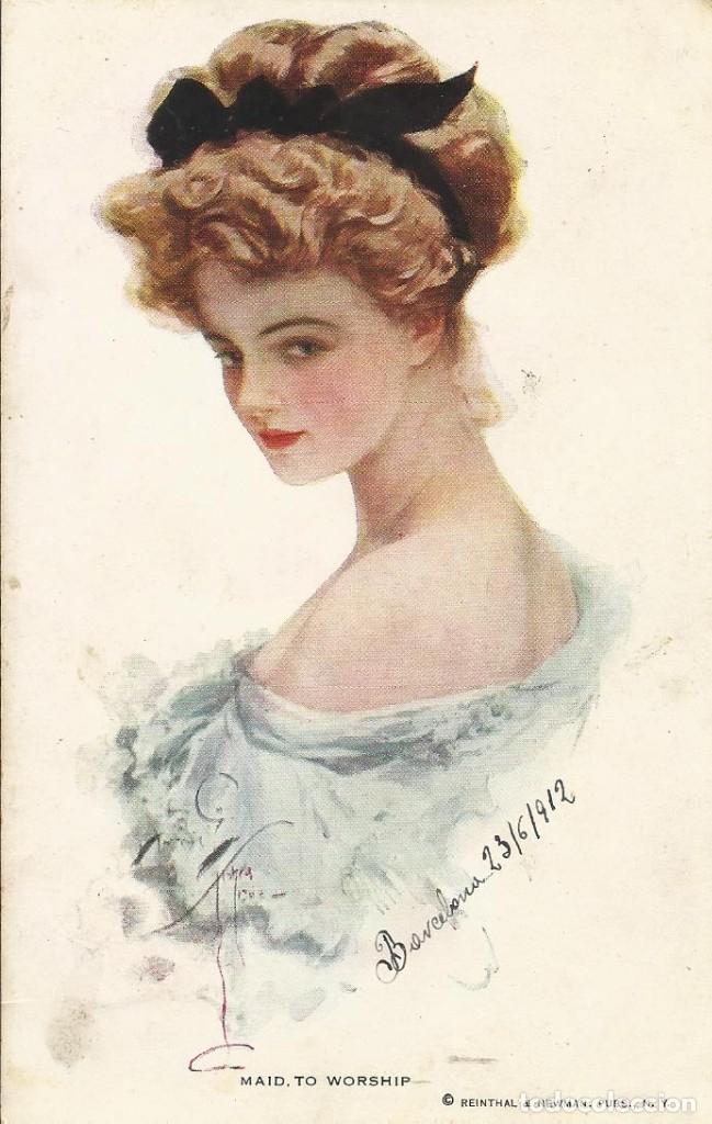 Postales: Maid to worship. Reinthal & Newman. N. Y. 1912. Escrita con sello. 9x14 cm. Dama. Postal.