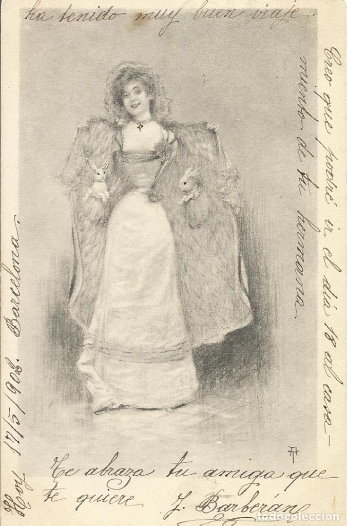 Cartoline: Dama encorsetada y conejos. 9x14 cm. Principis s. XX. Escrita con sello. Postal.