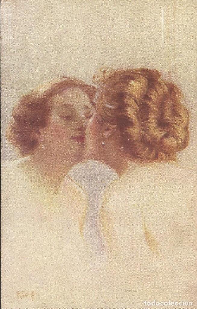 Postkarten: Dama dando un beso en el cristal. R. Schill. WRB. Serie 22-74. Austria. Principios s. XX. Postal.