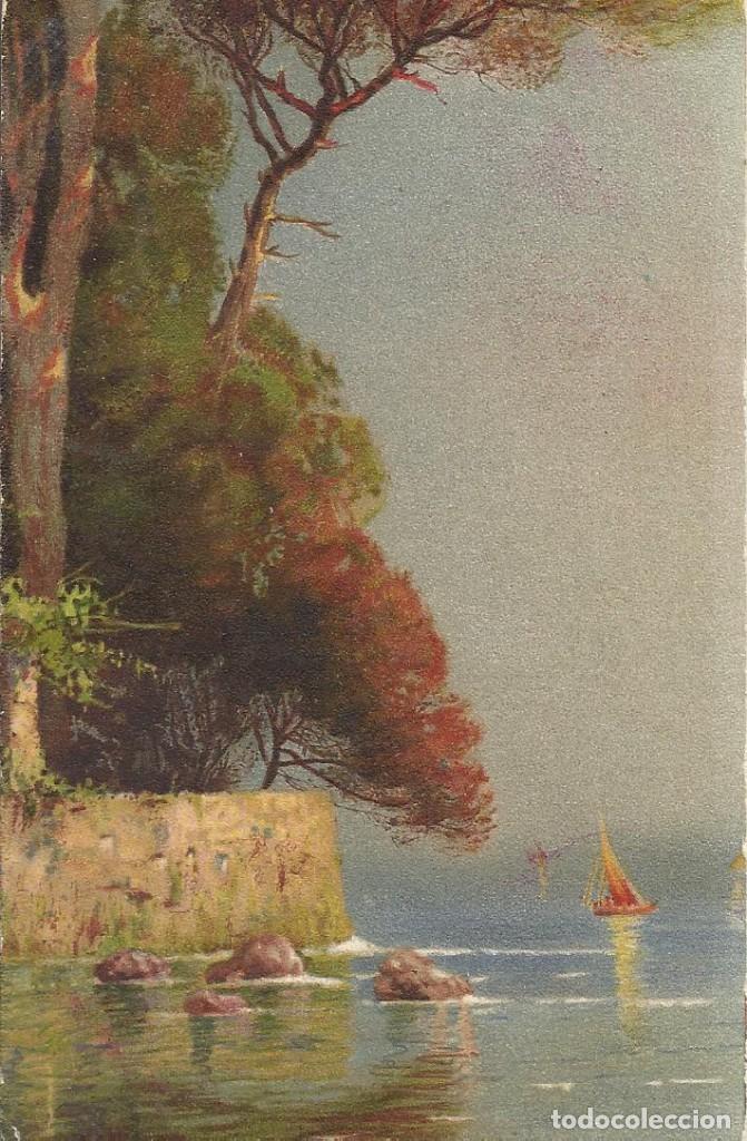 Postales: Pinos, mar, rocas y velero. Elka 1633. 9x14 cm. 1911. Escrita con sello. Postal.