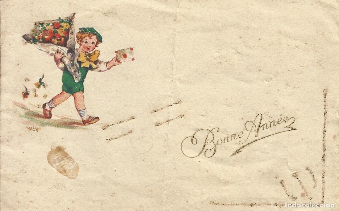 Postales: Bonne Ann&eacute;. Ni&ntilde;o con ramo de flores. 9x14 cm. Francia. 1943. Postal.