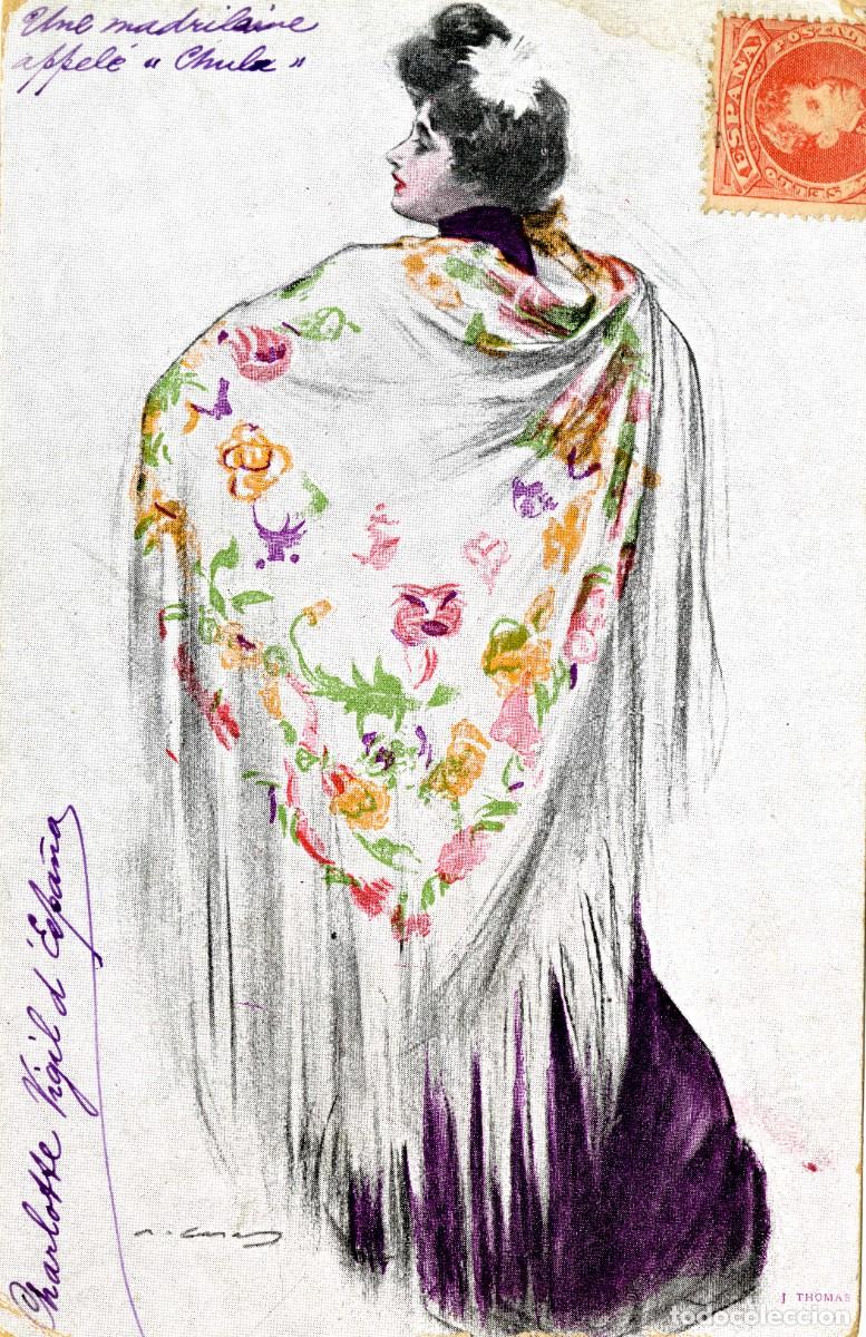 Postales: Ram&oacute;n Casas. Dama con mant&oacute;n. - Foto 1