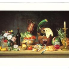 Postales: DINING ROOM WITH PARROT, CANDLESTICK, FLOWERS, AND WATERMELON • AGUSTÍN ARRIETA - OIL ON CANVAS